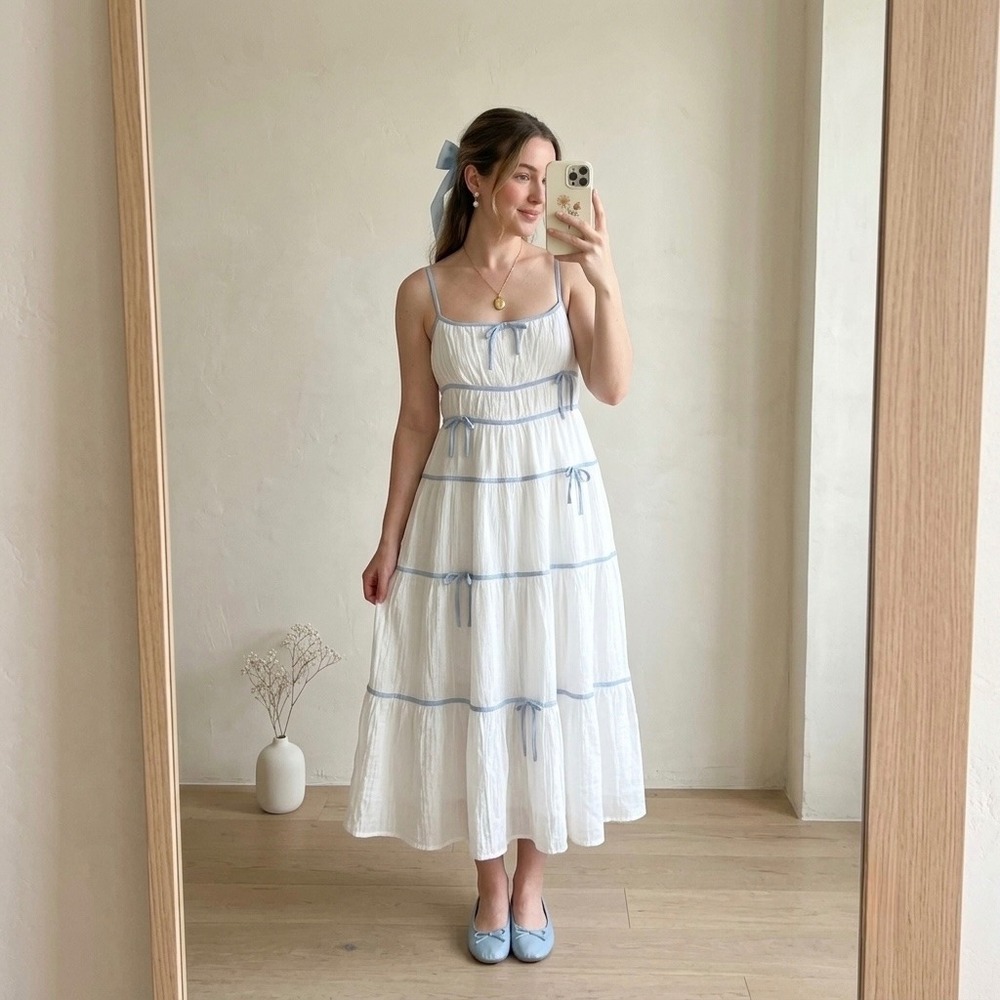 Mod Goddess White Blue Bow Tiered Midi Dress M Coquette Cottagecore Romantic